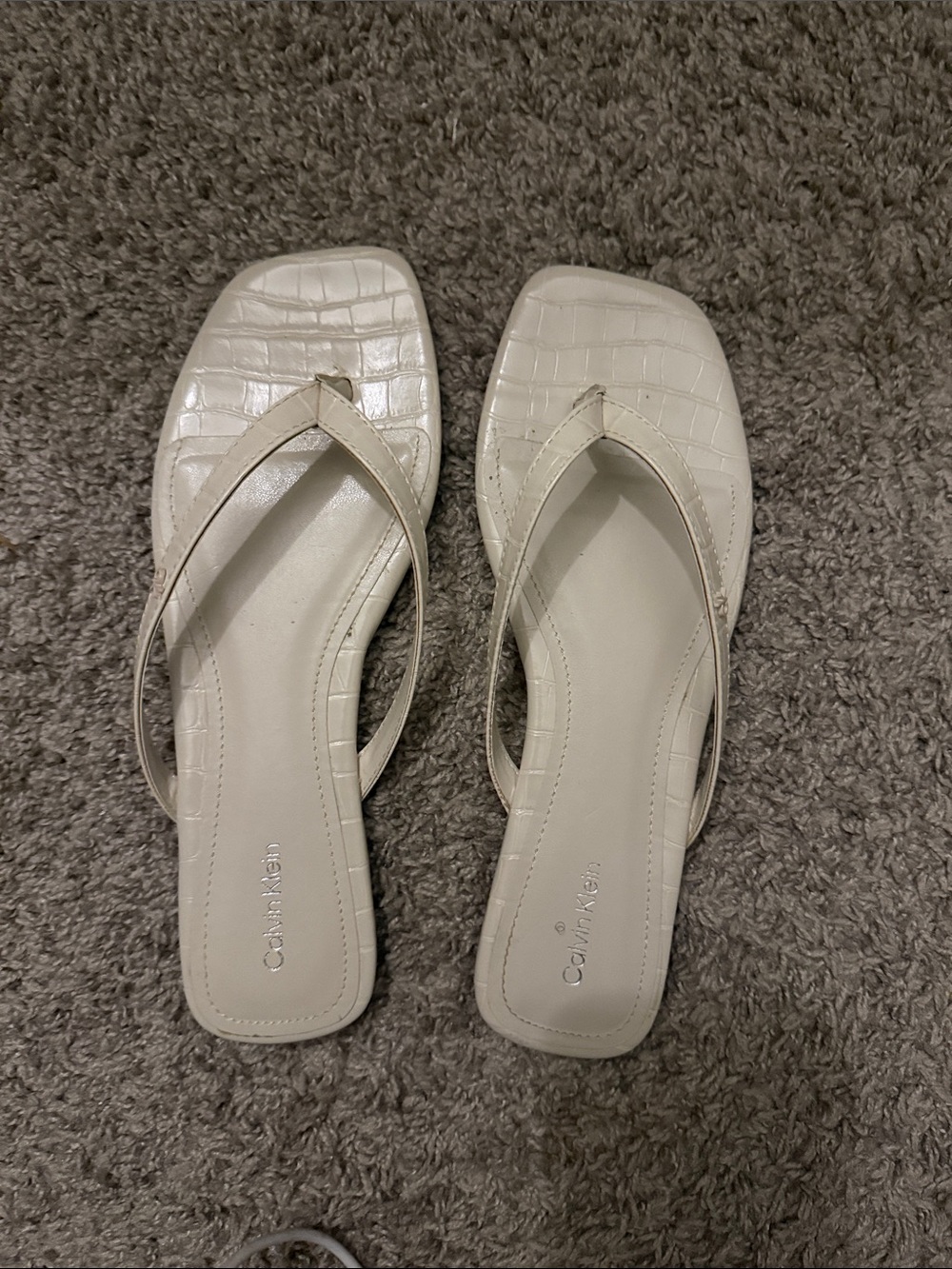 Calvin Klein Women's Cream Croc-Embossed Square Toe Flip Flop Sandals